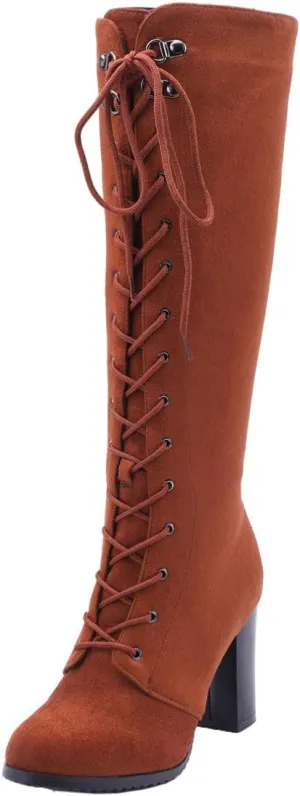 KOKOMOMO Womens Chunky Knee High Heel Lace Up Combat Boots