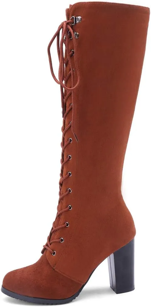 KOKOMOMO Womens Chunky Knee High Heel Lace Up Combat Boots