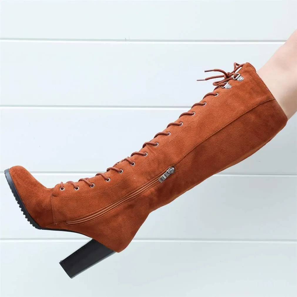 KOKOMOMO Womens Chunky Knee High Heel Lace Up Combat Boots