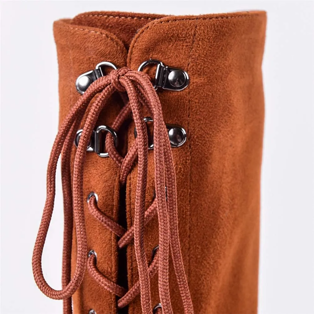 KOKOMOMO Womens Chunky Knee High Heel Lace Up Combat Boots