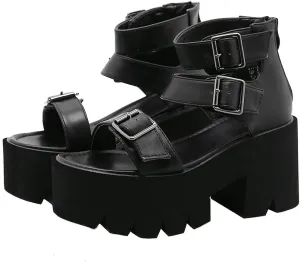 KOKOMOMO Womens Goth Buckle Platform Sandals High Chunky Heels Gladiator Roman Strappy Sandals