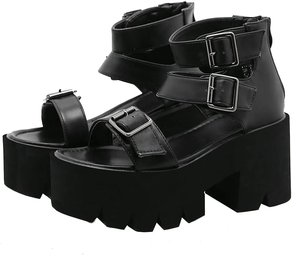 KOKOMOMO Womens Goth Buckle Platform Sandals High Chunky Heels Gladiator Roman Strappy Sandals