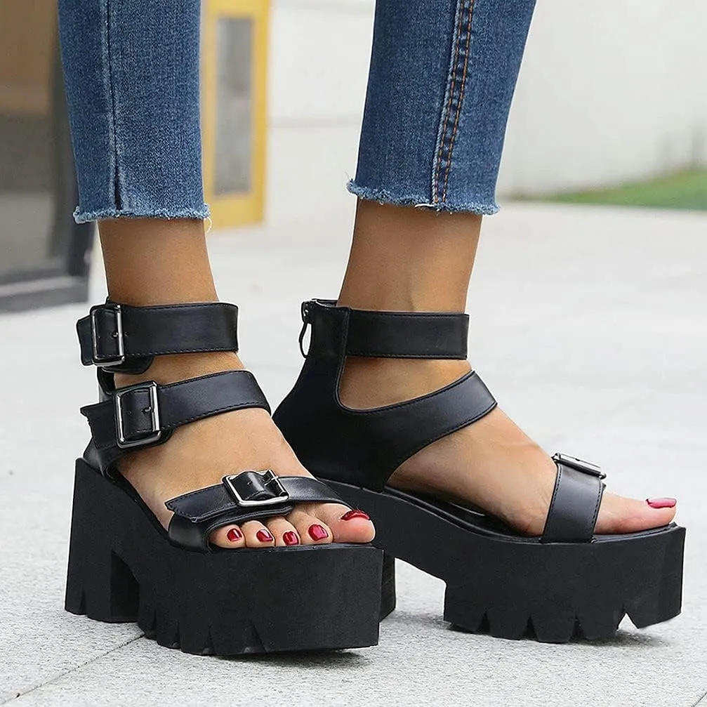 KOKOMOMO Womens Goth Buckle Platform Sandals High Chunky Heels Gladiator Roman Strappy Sandals