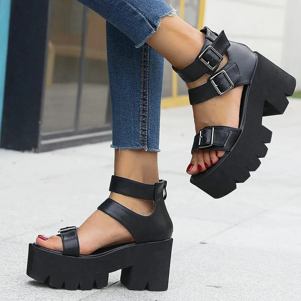 KOKOMOMO Womens Goth Buckle Platform Sandals High Chunky Heels Gladiator Roman Strappy Sandals