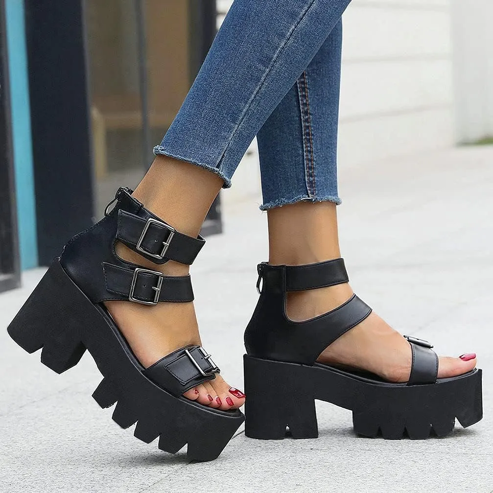 KOKOMOMO Womens Goth Buckle Platform Sandals High Chunky Heels Gladiator Roman Strappy Sandals