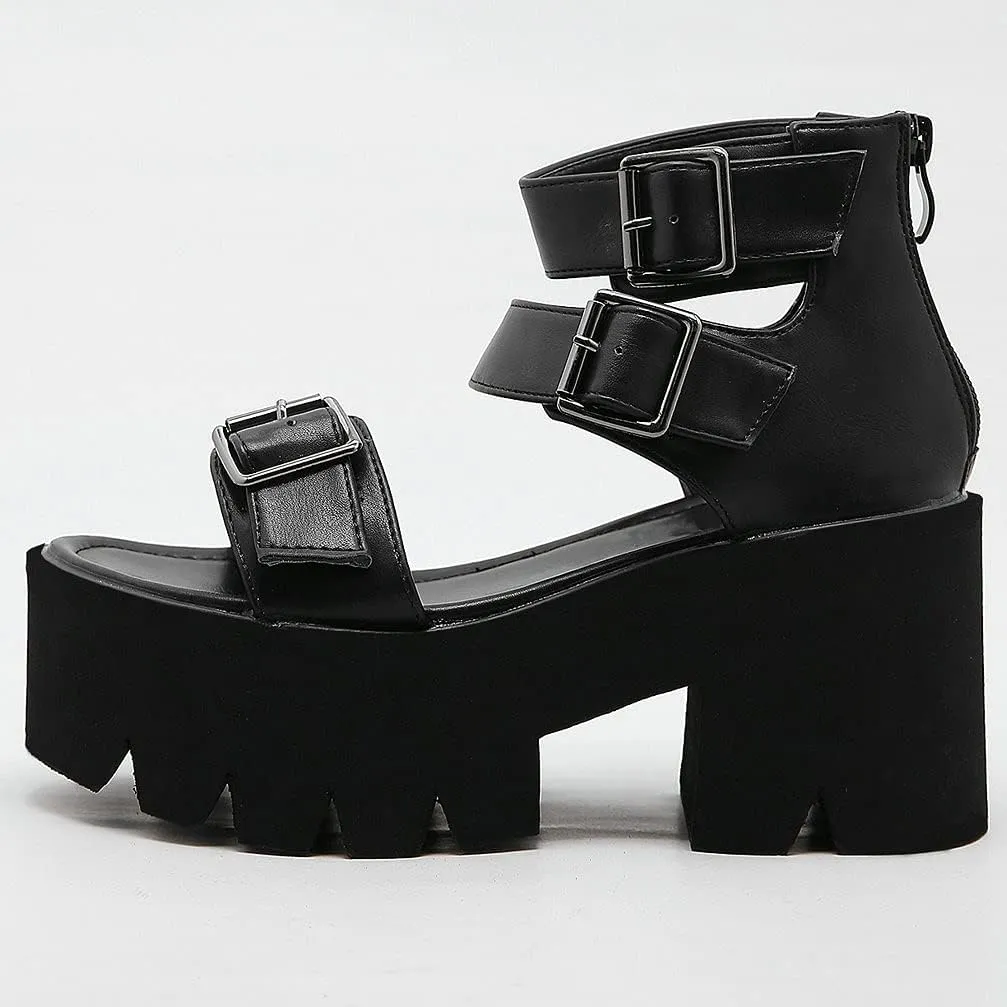 KOKOMOMO Womens Goth Buckle Platform Sandals High Chunky Heels Gladiator Roman Strappy Sandals