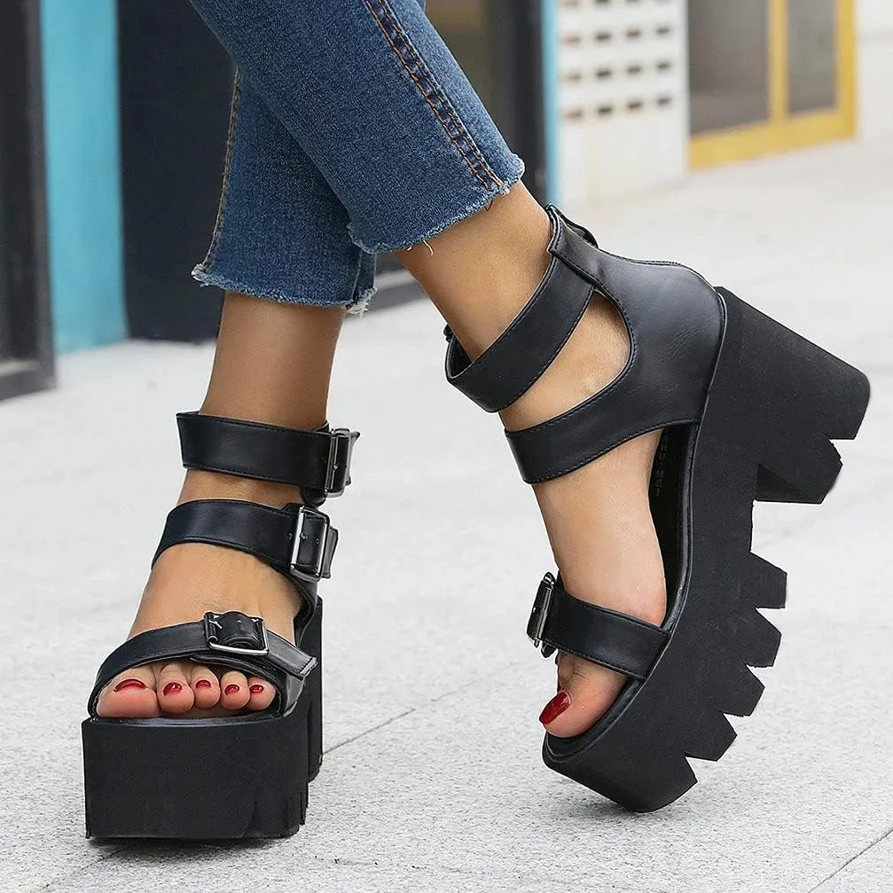 KOKOMOMO Womens Goth Buckle Platform Sandals High Chunky Heels Gladiator Roman Strappy Sandals