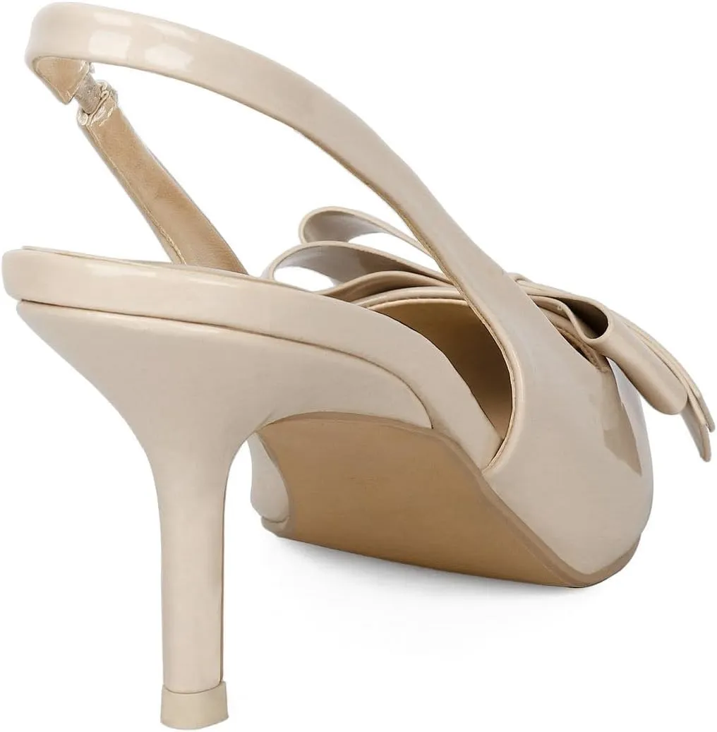 KOKOMOMO Womens Pointed Toe Slingback Heels Patent Leather Pumps Bow Heels