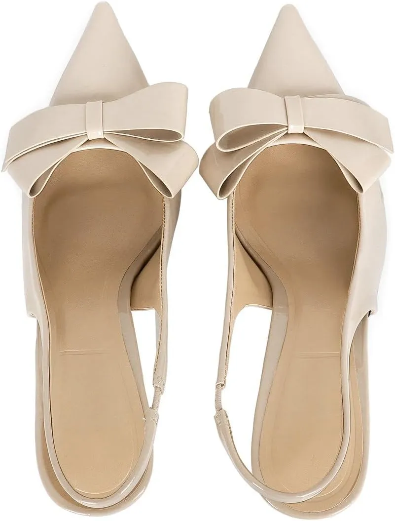 KOKOMOMO Womens Pointed Toe Slingback Heels Patent Leather Pumps Bow Heels