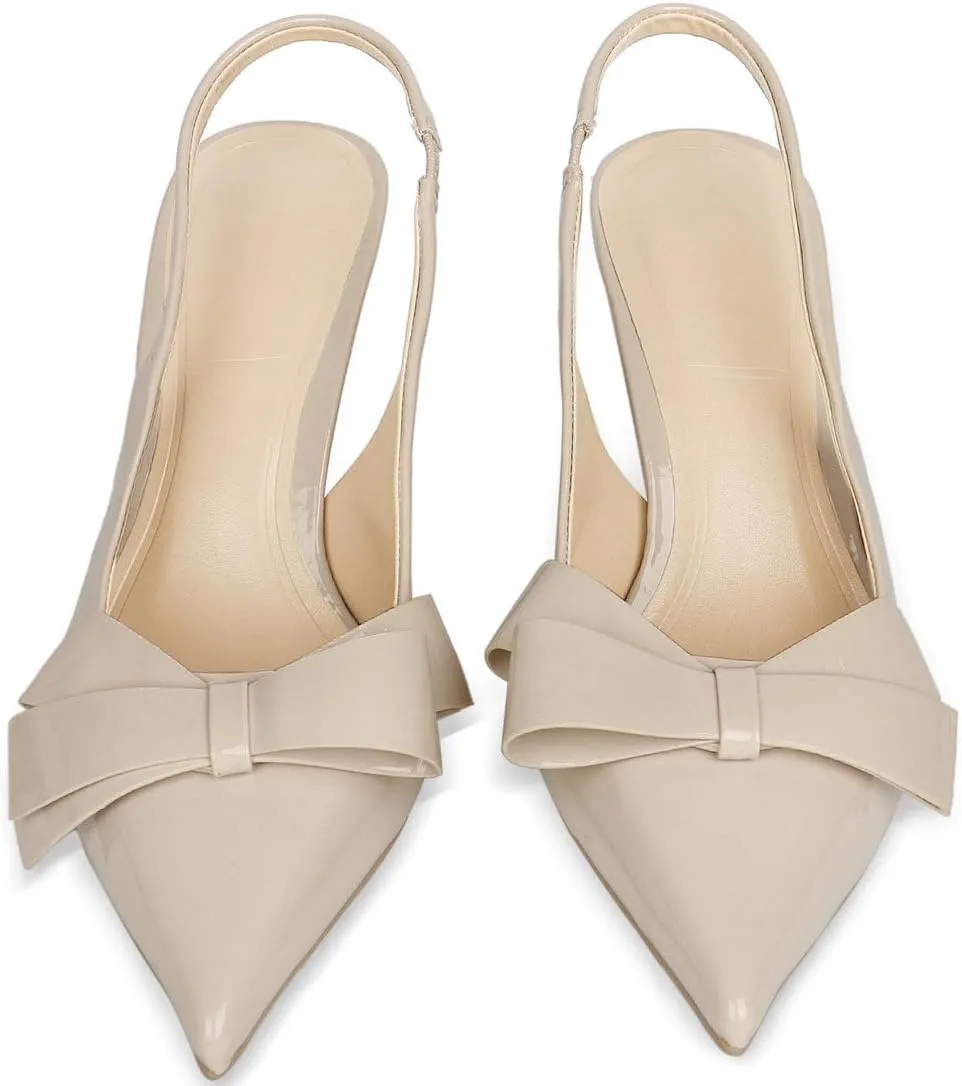 KOKOMOMO Womens Pointed Toe Slingback Heels Patent Leather Pumps Bow Heels