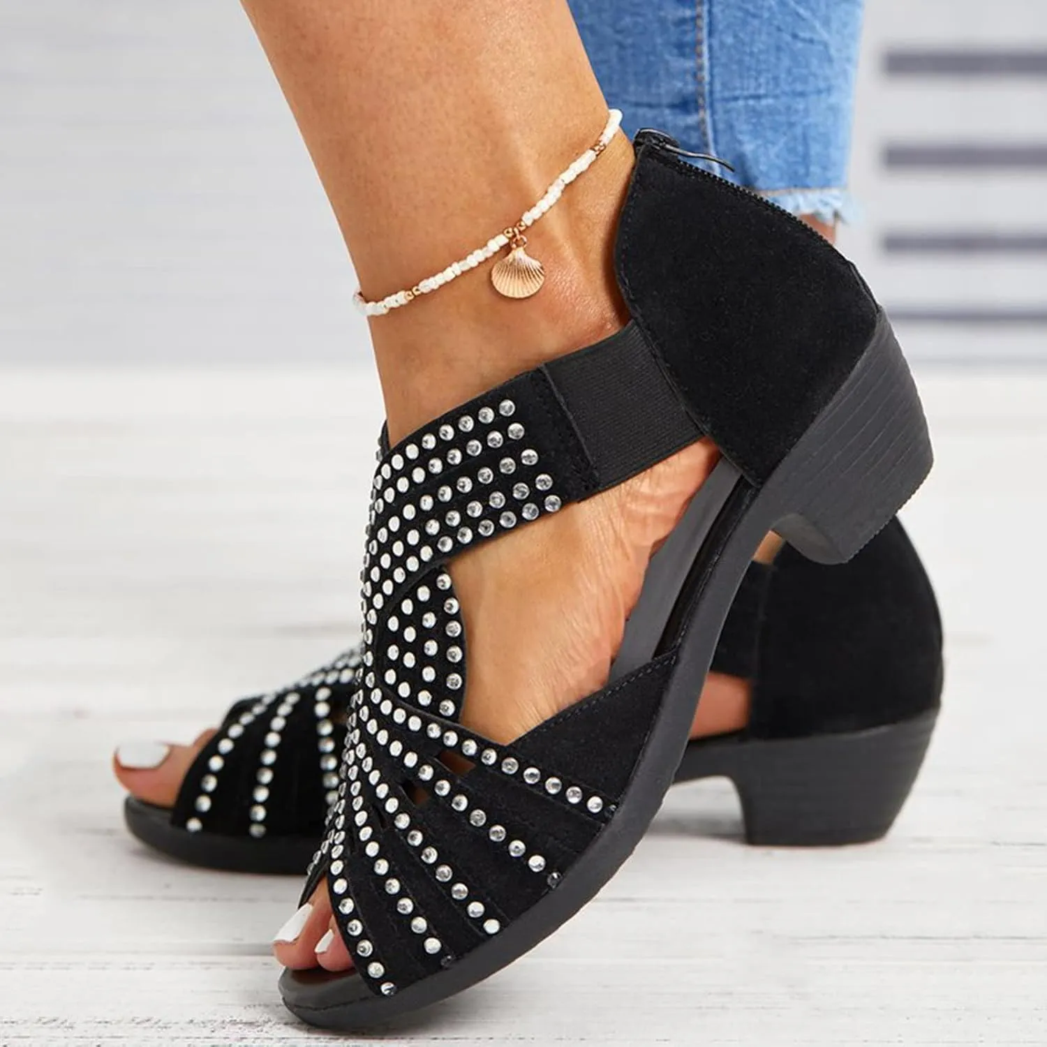 Ladies Fashion Summer Retro Suede Rhinestone Decoration Open Toe Back Zipper Thick High Heel Sandals Outdoor Shoes Women