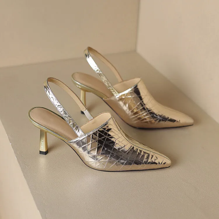 Ladies Pointed Toe Leather Stiletto Heel Slingback Pumps