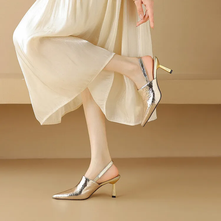 Ladies Pointed Toe Leather Stiletto Heel Slingback Pumps