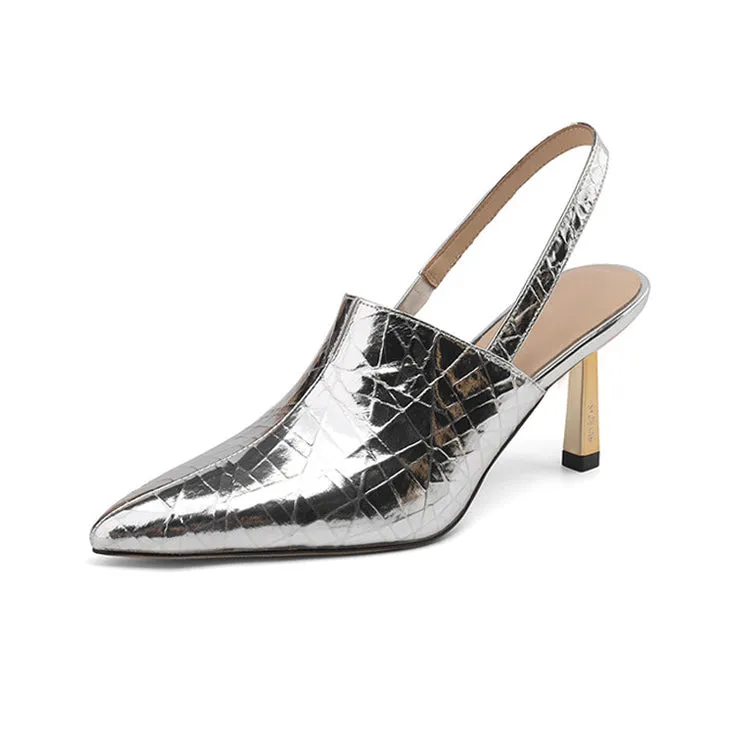 Ladies Pointed Toe Leather Stiletto Heel Slingback Pumps
