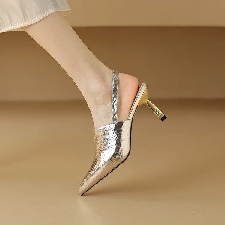 Ladies Pointed Toe Leather Stiletto Heel Slingback Pumps