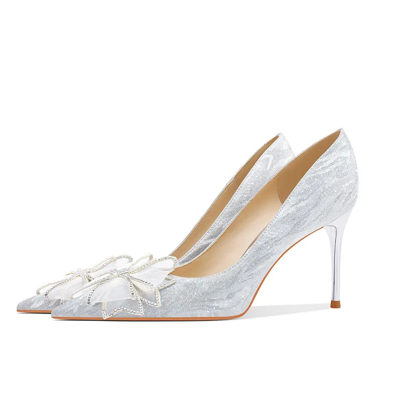 Ladies Pointy Toe Flower Detail Stiletto Heel  Wedding&Evening Pump Shoes
