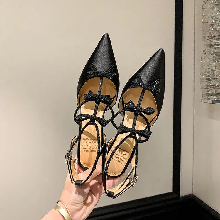 Ladies Rhinestone Bow  Ankle Strap Stiletto Heels