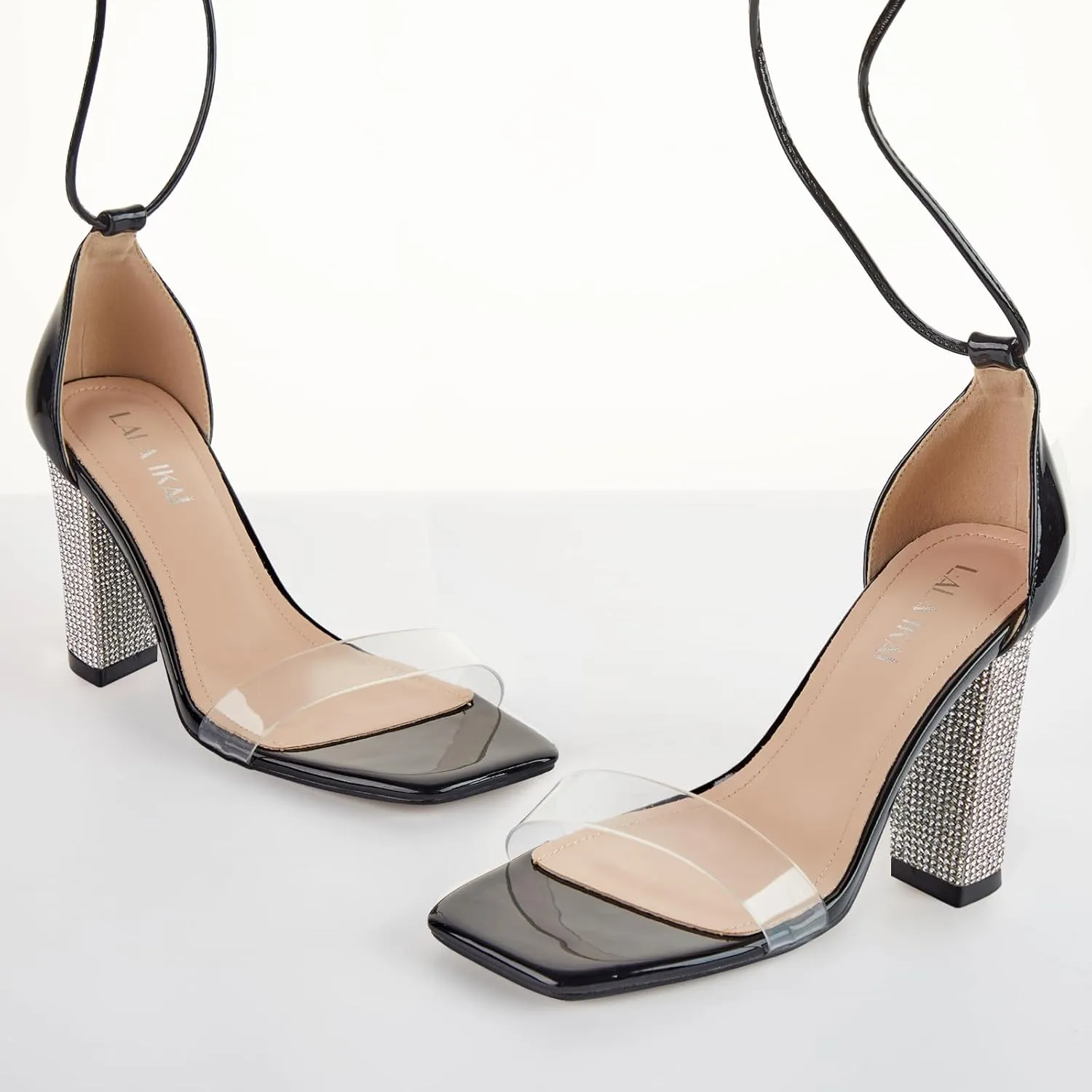 LALA IKAI Chunky Heels Sandals for Women Comfy Open Toe Strappy Rhinestone High Heeled Sandals White Silver Gold Black Ankle Clear Heels for Party Wedding
