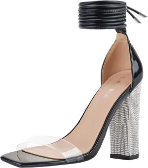 LALA IKAI Chunky Heels Sandals for Women Comfy Open Toe Strappy Rhinestone High Heeled Sandals White Silver Gold Black Ankle Clear Heels for Party Wedding