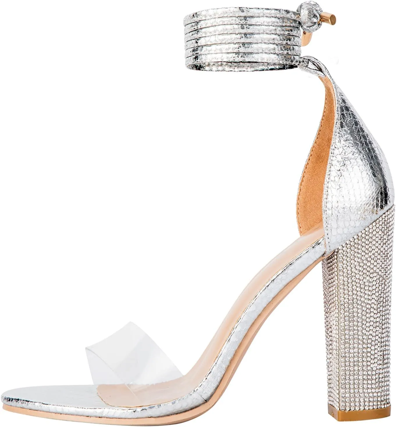 LALA IKAI Chunky Heels Sandals for Women Comfy Open Toe Strappy Rhinestone High Heeled Sandals White Silver Gold Black Ankle Clear Heels for Party Wedding