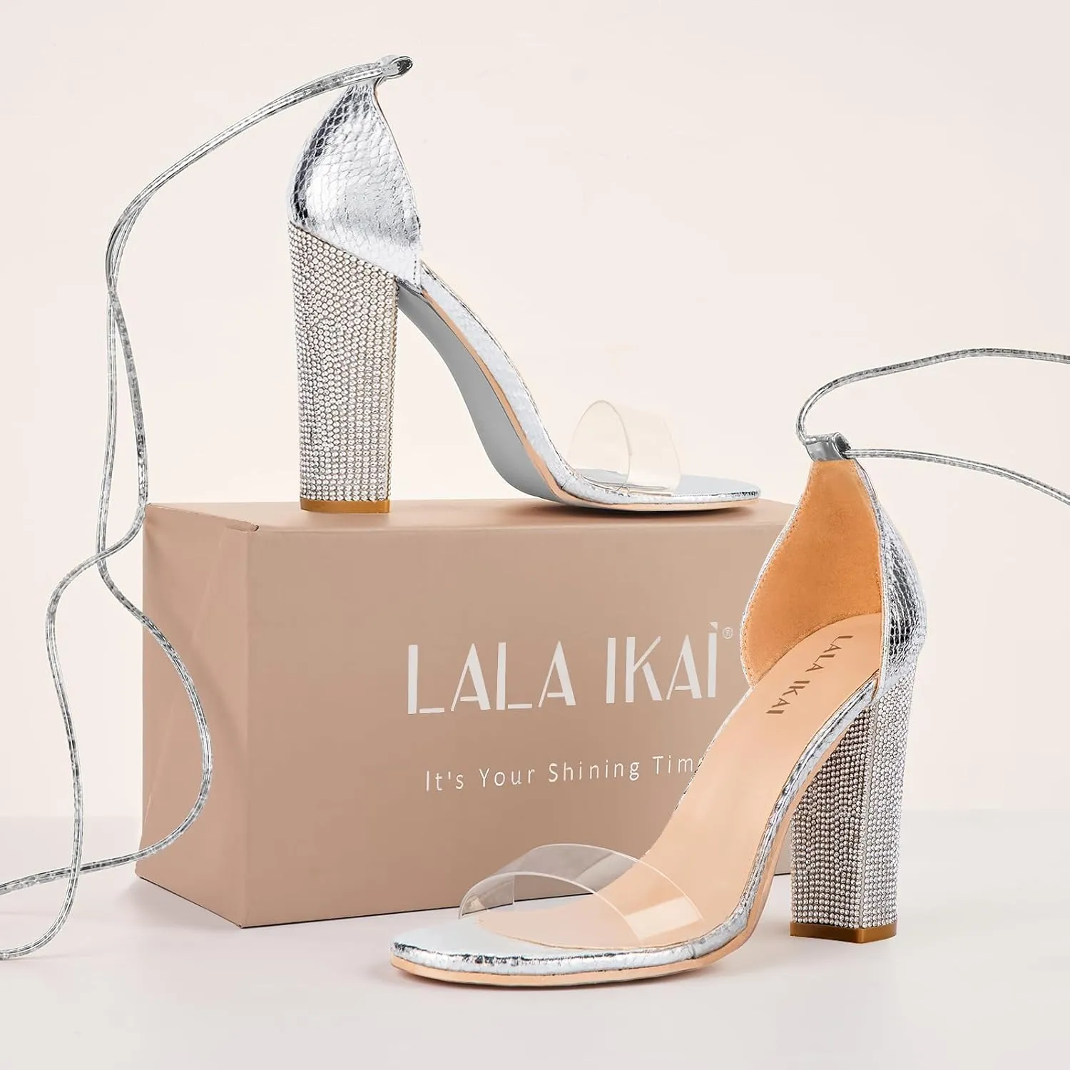 LALA IKAI Chunky Heels Sandals for Women Comfy Open Toe Strappy Rhinestone High Heeled Sandals White Silver Gold Black Ankle Clear Heels for Party Wedding