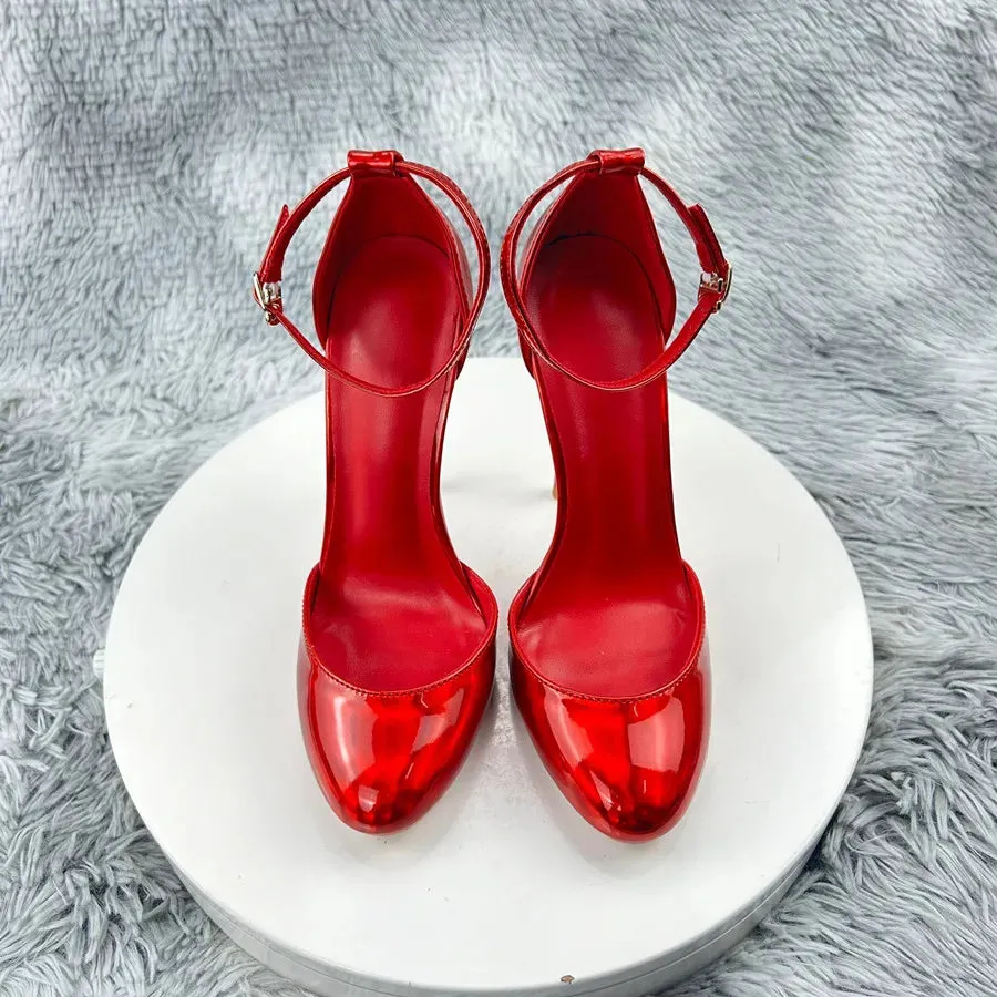 Laser red Patent Leather Women Ankle Strap D'orsay Pumps