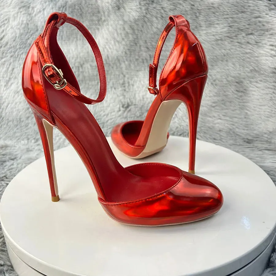 Laser red Patent Leather Women Ankle Strap D'orsay Pumps