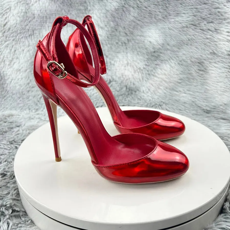 Laser red Patent Leather Women Ankle Strap D'orsay Pumps