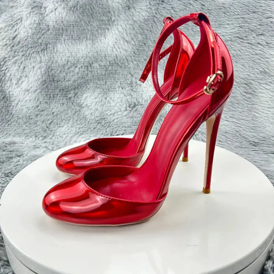 Laser red Patent Leather Women Ankle Strap D'orsay Pumps
