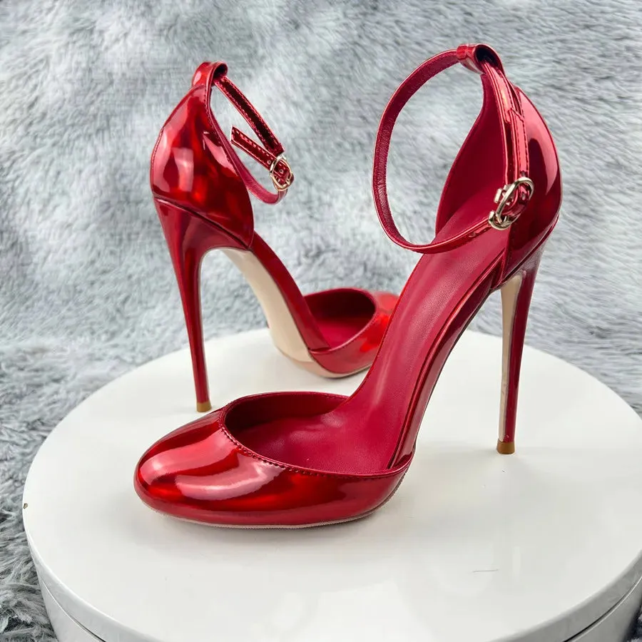 Laser red Patent Leather Women Ankle Strap D'orsay Pumps