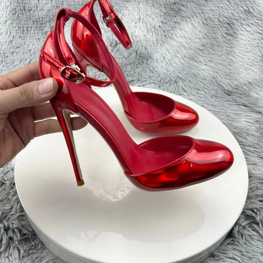 Laser red Patent Leather Women Ankle Strap D'orsay Pumps