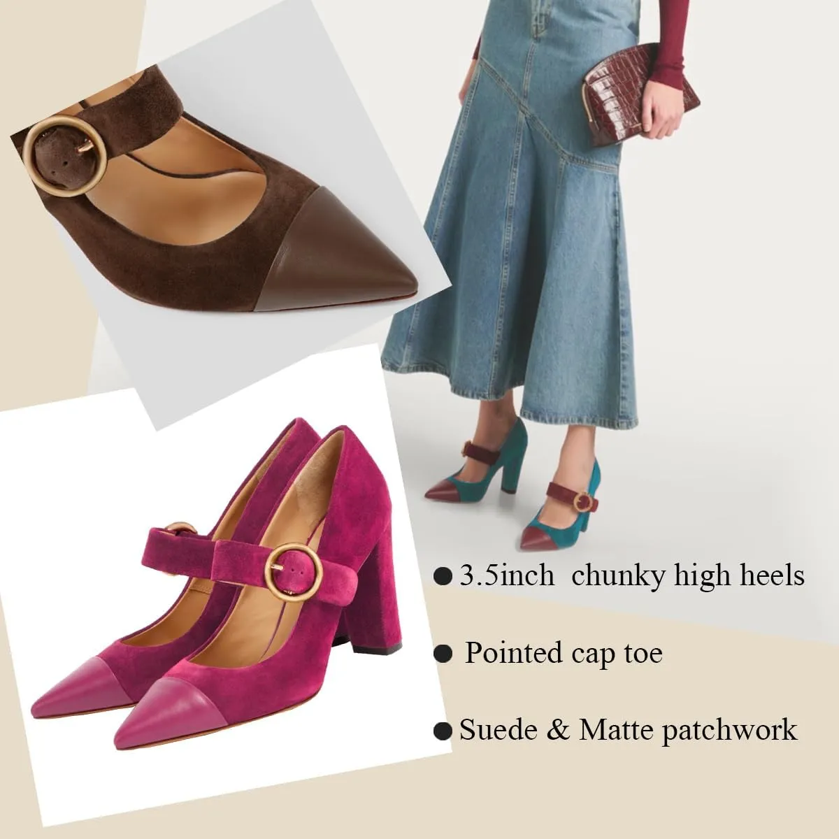 LEHOOR Women Chunky High Heel Mary Jane Pumps Pointed Toe Ankle Strap Dress Pumps Cap Toe Mary Jane Block Heels 3 inch 4-11 M US
