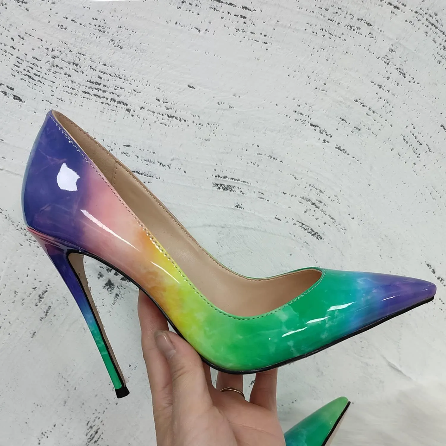 LEHOOR Women's Pointed Toe Stiletto Pumps Gradient Patent Leather Sexy Slip On 5 Inch High Heels Dress Pumps Ombre Heels Colorful Comfort Office Party Wedding Dress Shoes 4-12 M US