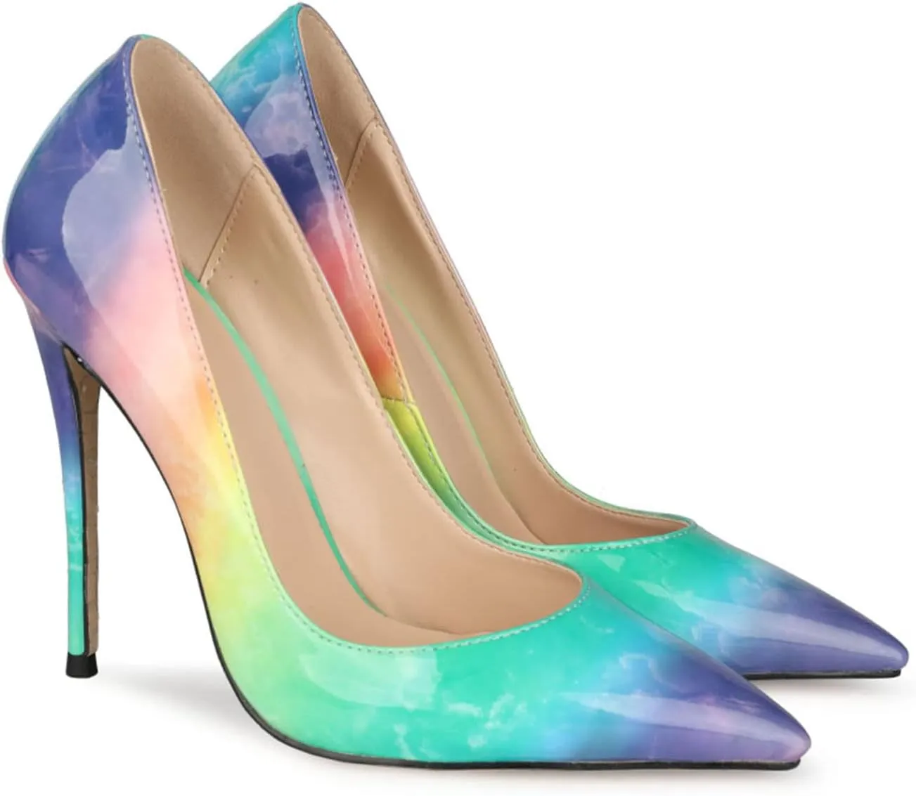 LEHOOR Women's Pointed Toe Stiletto Pumps Gradient Patent Leather Sexy Slip On 5 Inch High Heels Dress Pumps Ombre Heels Colorful Comfort Office Party Wedding Dress Shoes 4-12 M US