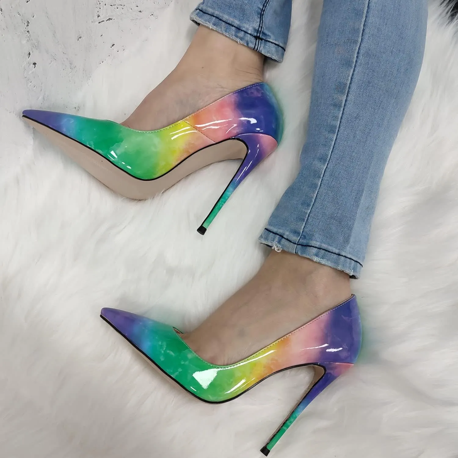 LEHOOR Women's Pointed Toe Stiletto Pumps Gradient Patent Leather Sexy Slip On 5 Inch High Heels Dress Pumps Ombre Heels Colorful Comfort Office Party Wedding Dress Shoes 4-12 M US