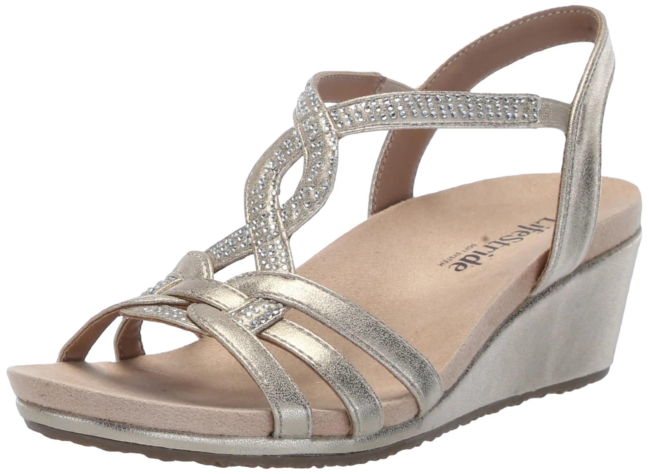 LifeStride Womens Monaco Strappy Wedge Sandals Platino Gold 7 M