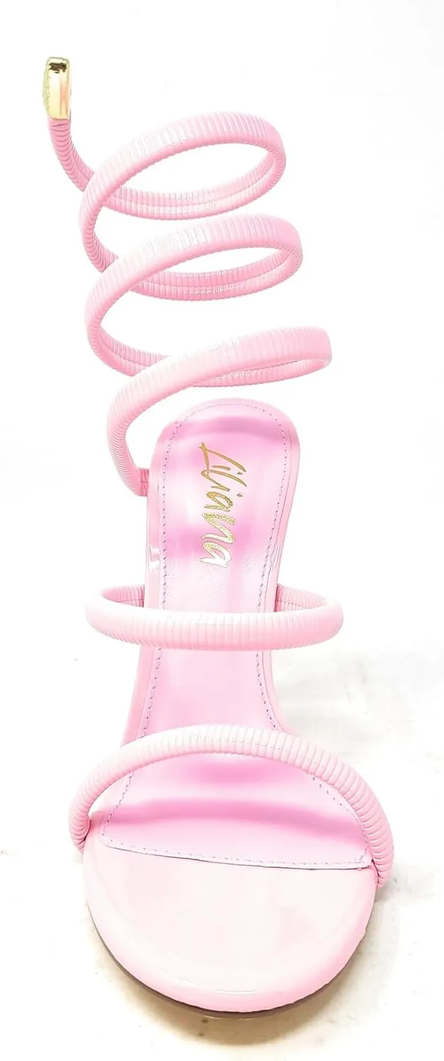 Liliana Nikkia-223 Womens Open Round Toe Leg Spiral Wrap Around Ankle Strap Stiletto Heel Sandal