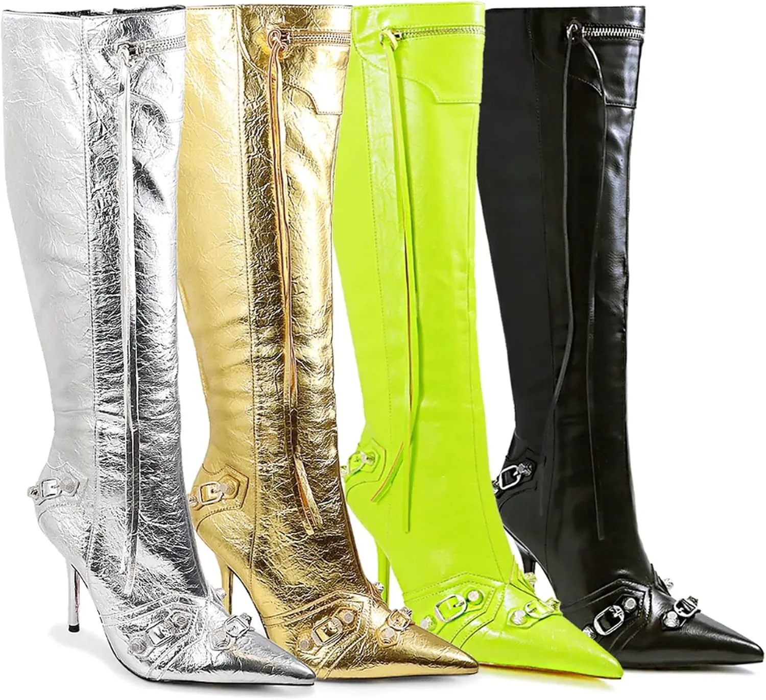 Liliana Womem Knee High Boots Pointed Toe Stiletto Heels Side Zipper Rivets Tassels Boots Bexie-3
