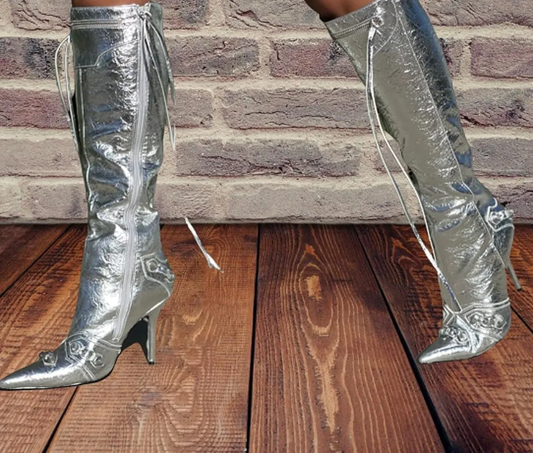 Liliana Womem Knee High Boots Pointed Toe Stiletto Heels Side Zipper Rivets Tassels Boots Bexie-3