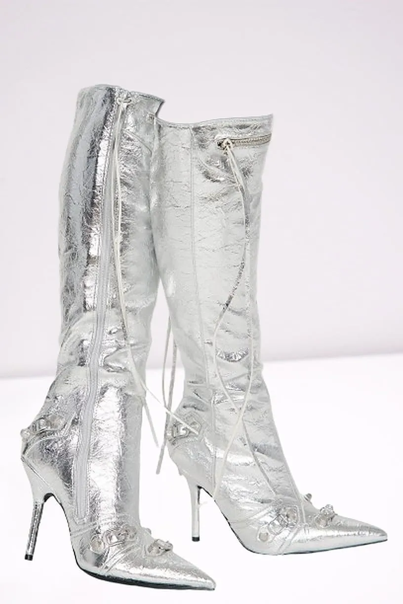 Liliana Womem Knee High Boots Pointed Toe Stiletto Heels Side Zipper Rivets Tassels Boots Bexie-3