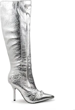 Liliana Womem Knee High Boots Pointed Toe Stiletto Heels Side Zipper Rivets Tassels Boots Bexie-3
