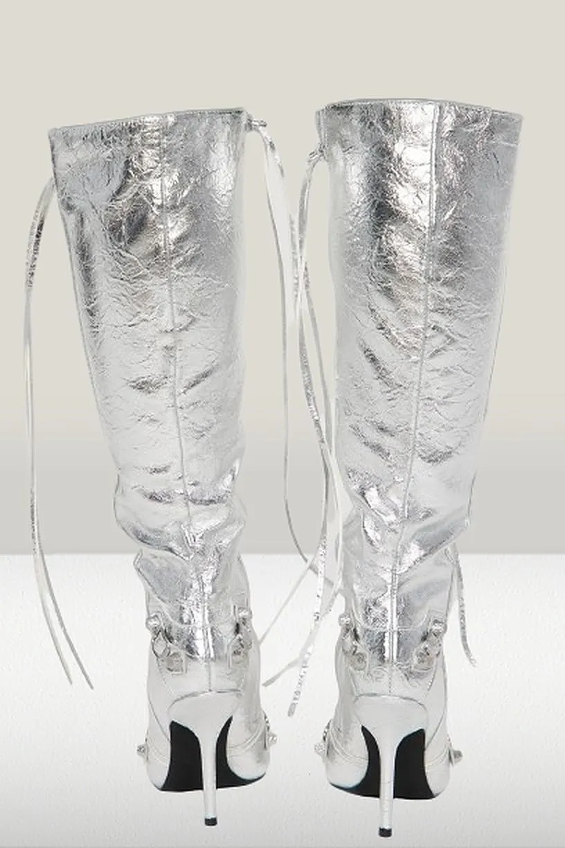 Liliana Womem Knee High Boots Pointed Toe Stiletto Heels Side Zipper Rivets Tassels Boots Bexie-3