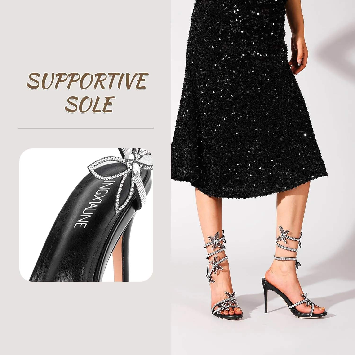 LingxiaUne Women's High Heel Sandals – Sparkling Rhinestone Floral Strappy Stiletto Heels for Party & Wedding