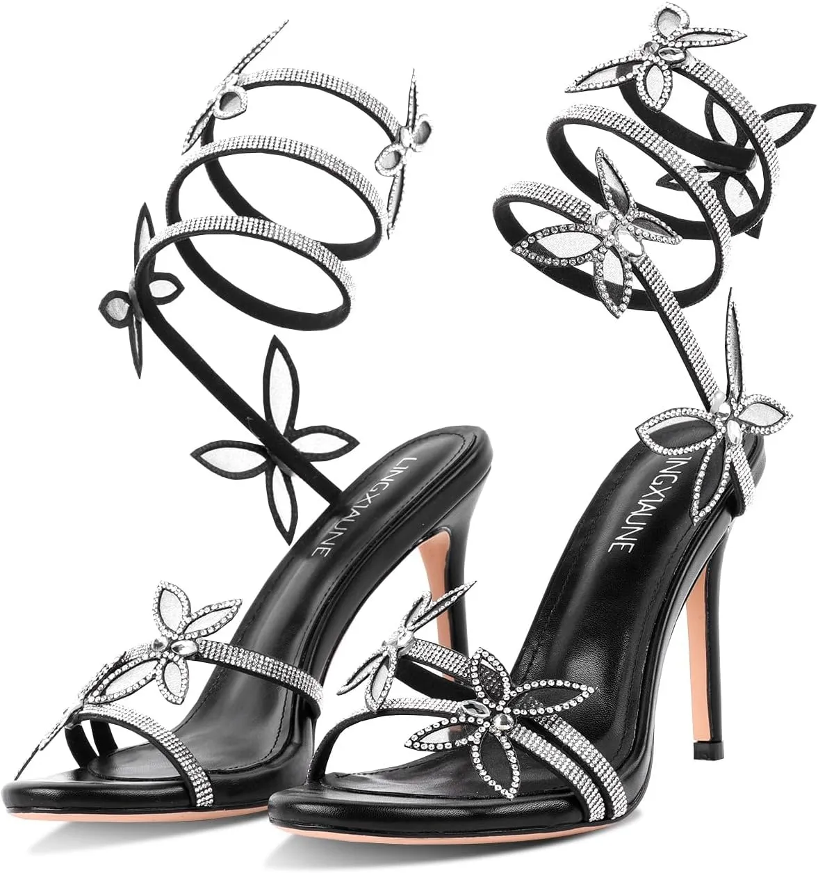 LingxiaUne Women's High Heel Sandals – Sparkling Rhinestone Floral Strappy Stiletto Heels for Party & Wedding