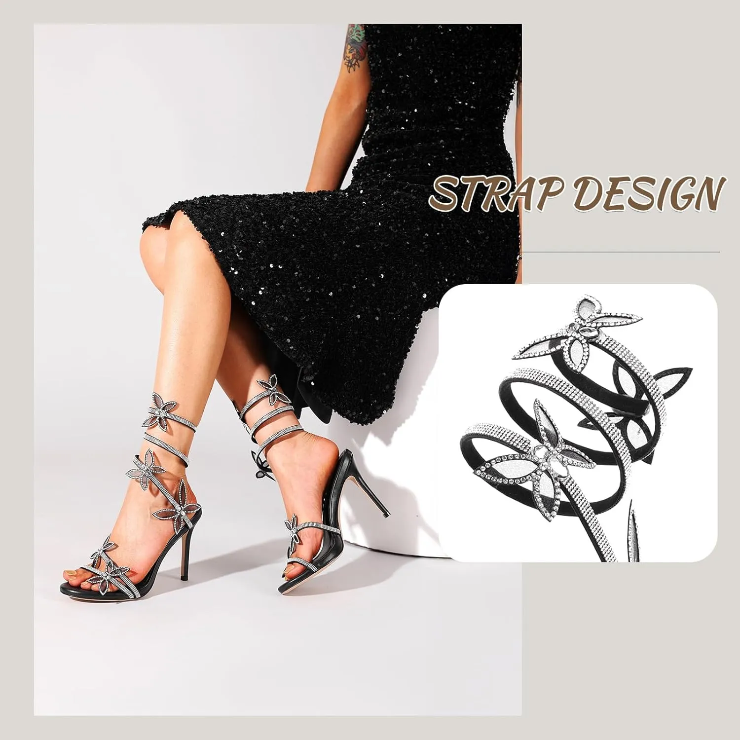 LingxiaUne Women's High Heel Sandals – Sparkling Rhinestone Floral Strappy Stiletto Heels for Party & Wedding