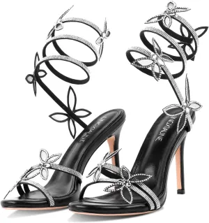 LingxiaUne Women's High Heel Sandals – Sparkling Rhinestone Floral Strappy Stiletto Heels for Party & Wedding