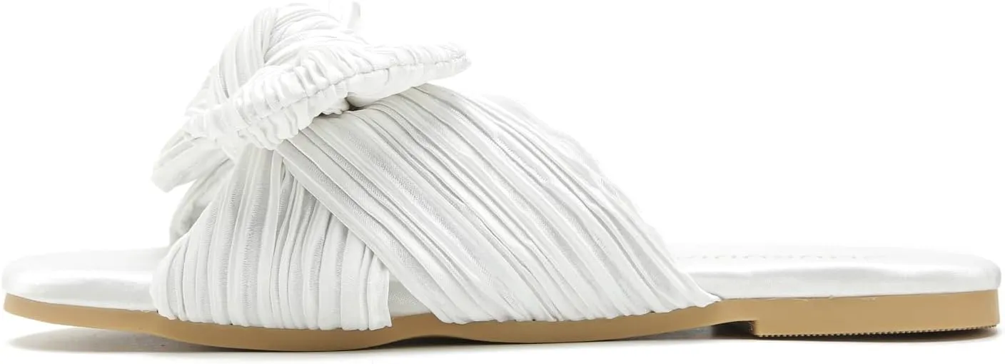 LIURUIJIA Womens Pleated Satin Bow Flats Slide Sandals Casual Dressy Open Toe Slip on Cute Summer Shoes