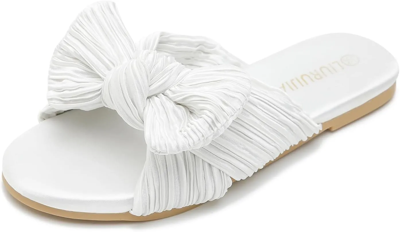 LIURUIJIA Womens Pleated Satin Bow Flats Slide Sandals Casual Dressy Open Toe Slip on Cute Summer Shoes