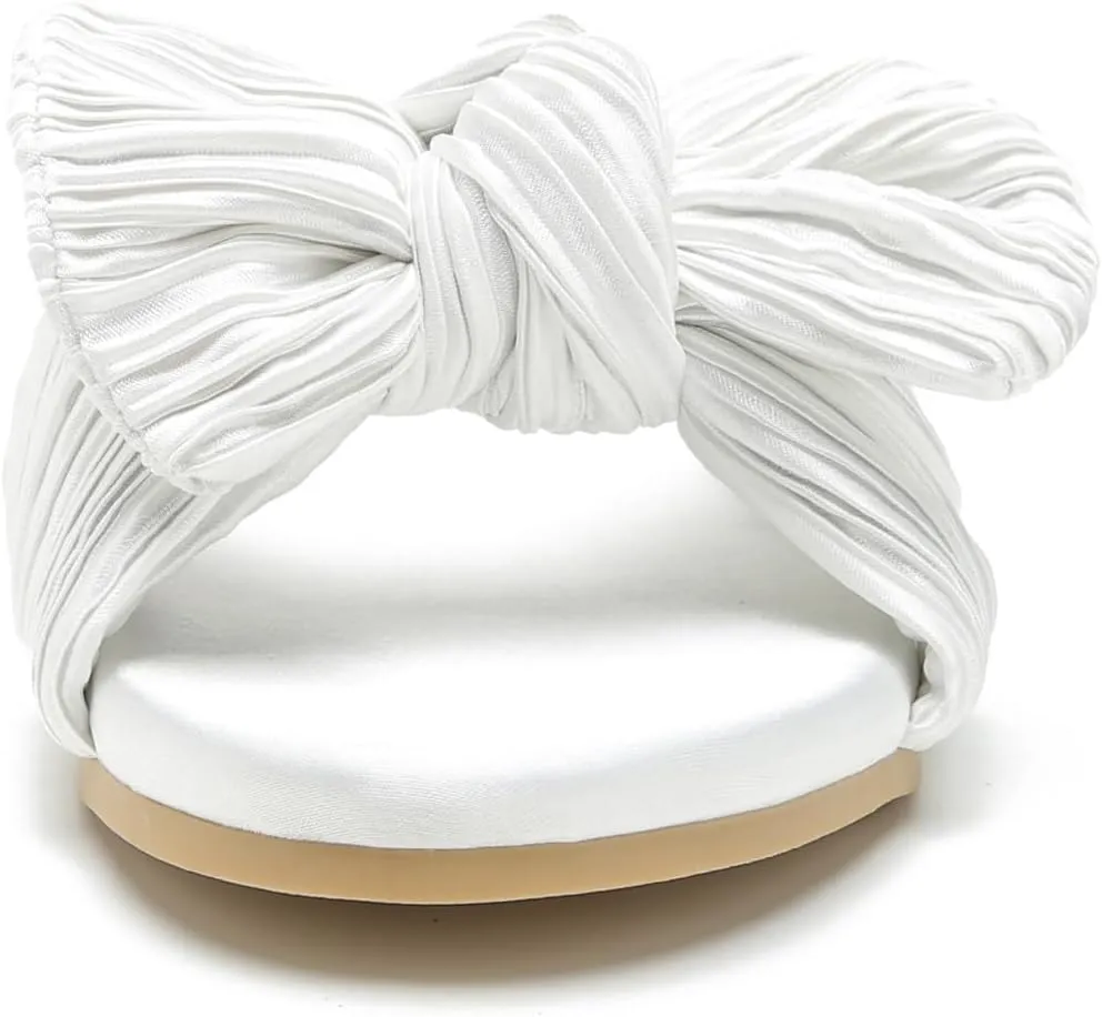 LIURUIJIA Womens Pleated Satin Bow Flats Slide Sandals Casual Dressy Open Toe Slip on Cute Summer Shoes
