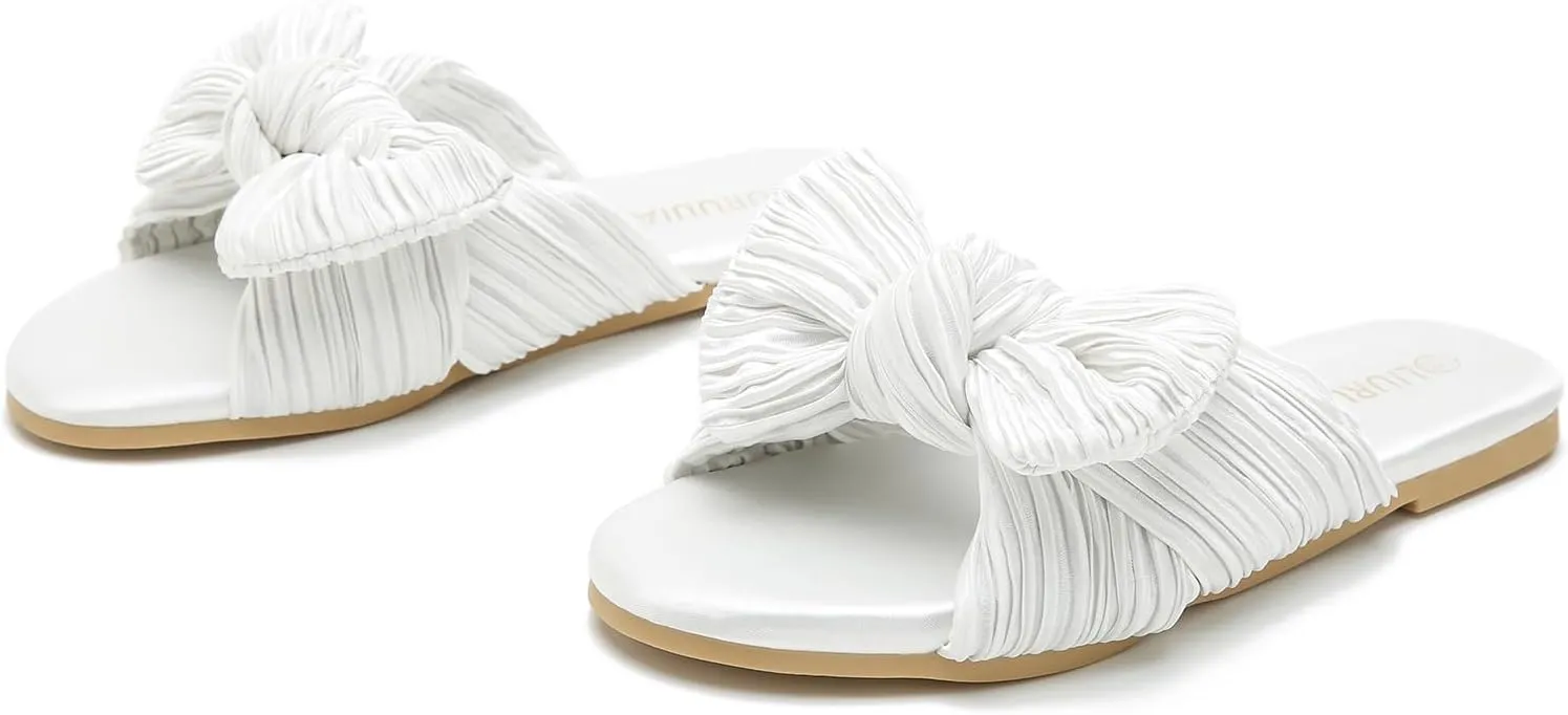 LIURUIJIA Womens Pleated Satin Bow Flats Slide Sandals Casual Dressy Open Toe Slip on Cute Summer Shoes